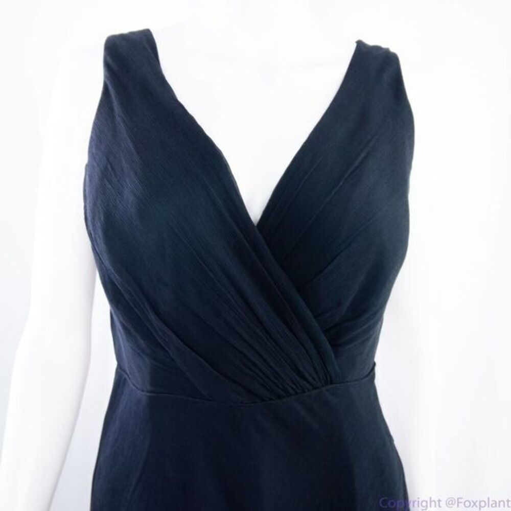 Jcrew 100% silk asymmetric hem V neck navy blue midi dress, size 2 - Picture 3 of 12